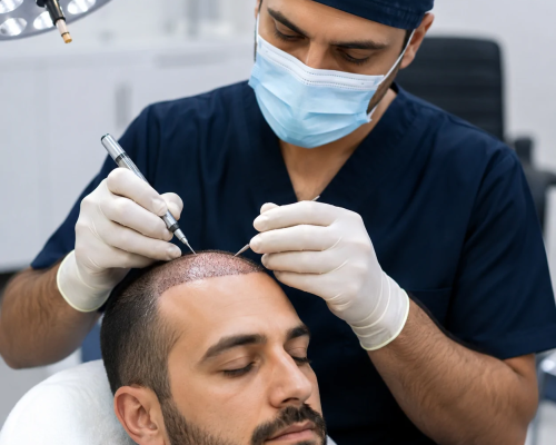 Illustration of a practitioner working near a man’s hairline