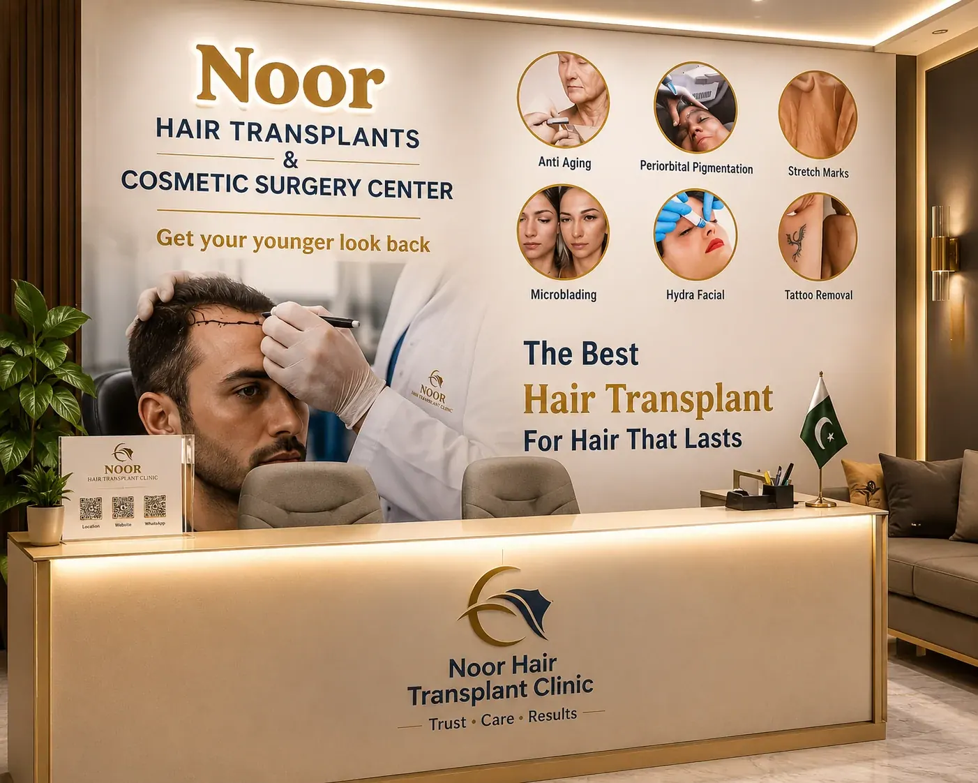 Illustration of a hair restoration clinic reception