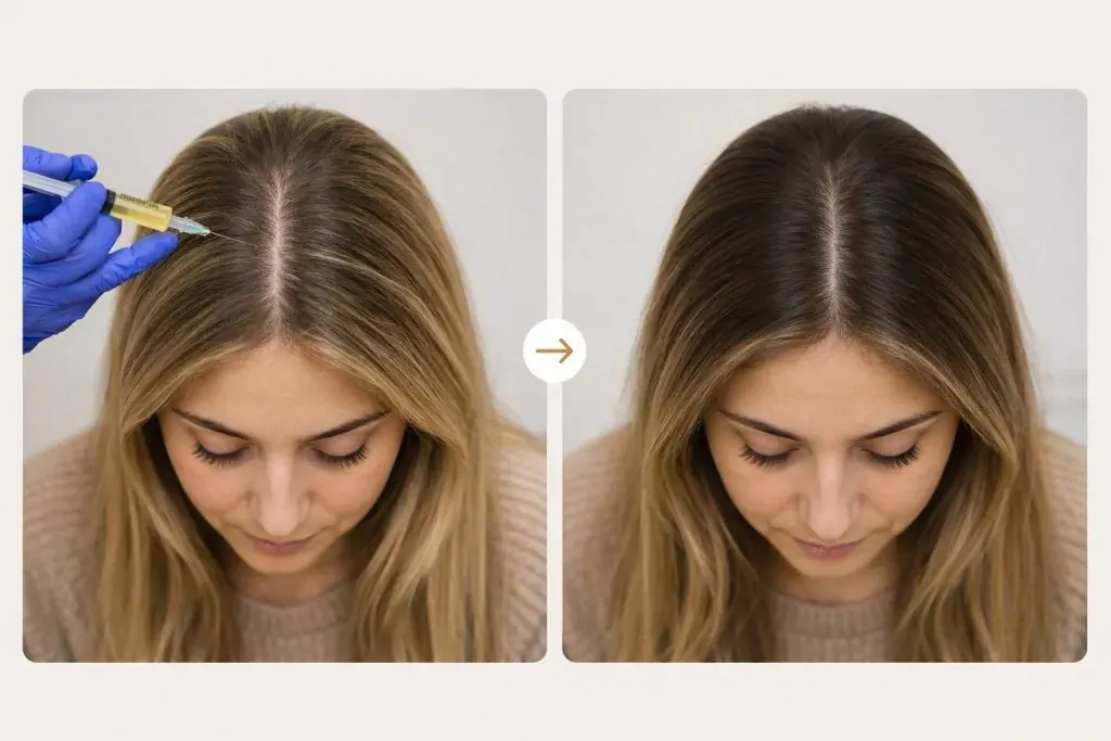 Side-by-side views of a woman’s hair parting