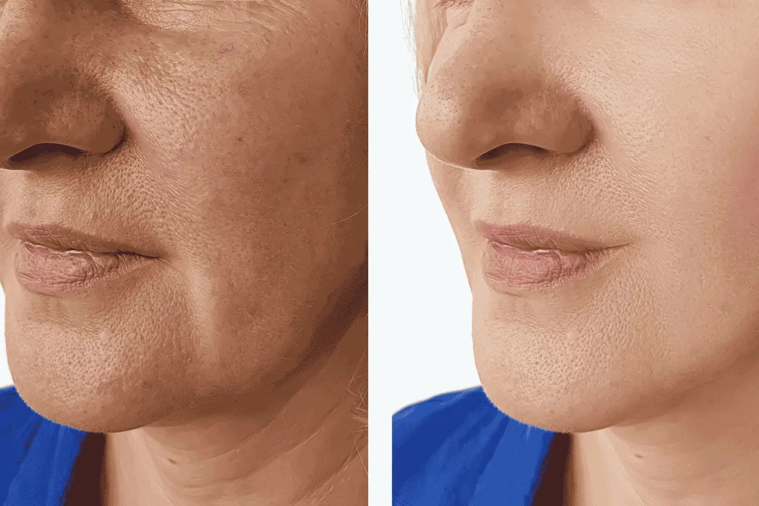 Side-by-side close-ups of a woman’s cheek and jaw